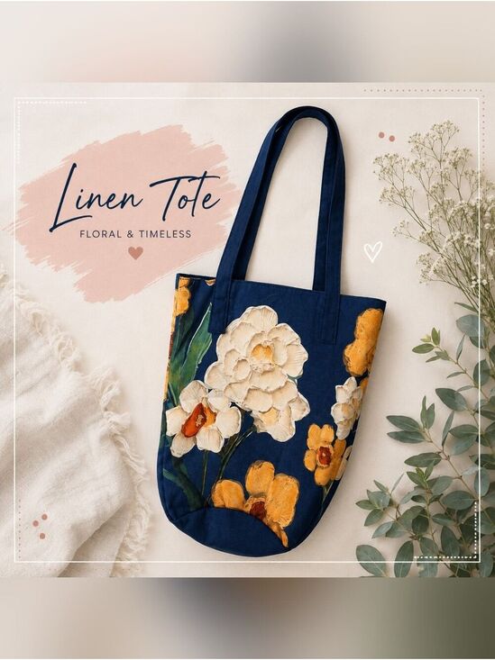 Handbags - Navy Linen Tote with Yellow Floral Accents